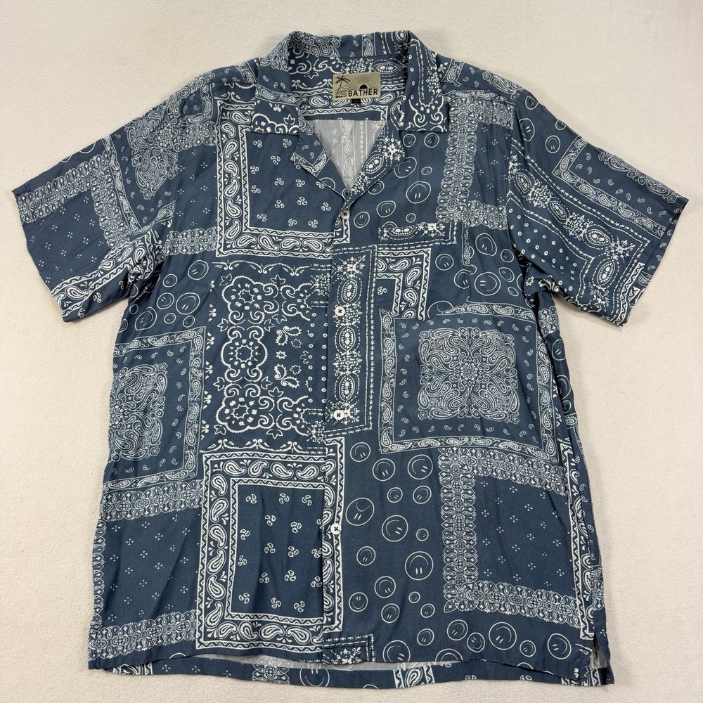 Bather Shirt Men's Medium Blue White Hawaii Bandana Print Rayon Short Sleeve - Picture 2 of 6